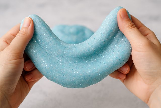 голубой пушистый слайм с блёстками тянется в руках