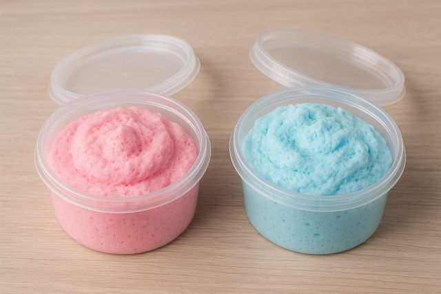 розовый и голубой пушистый слайм в контейнерах