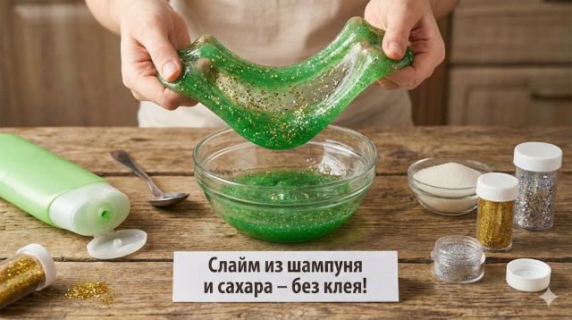 Зеленый слайм из шампуня и сахара с блестками в руках, ингредиенты на столе