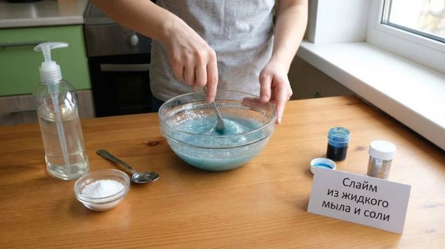 Процесс приготовления голубого слайма из жидкого мыла и соли
