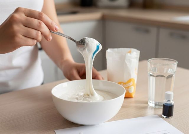 Слайм из крахмала и воды, процесс смешивания ингредиентов