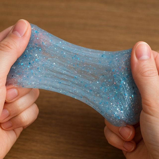 Растягивание слайма без клея с блёстками руками